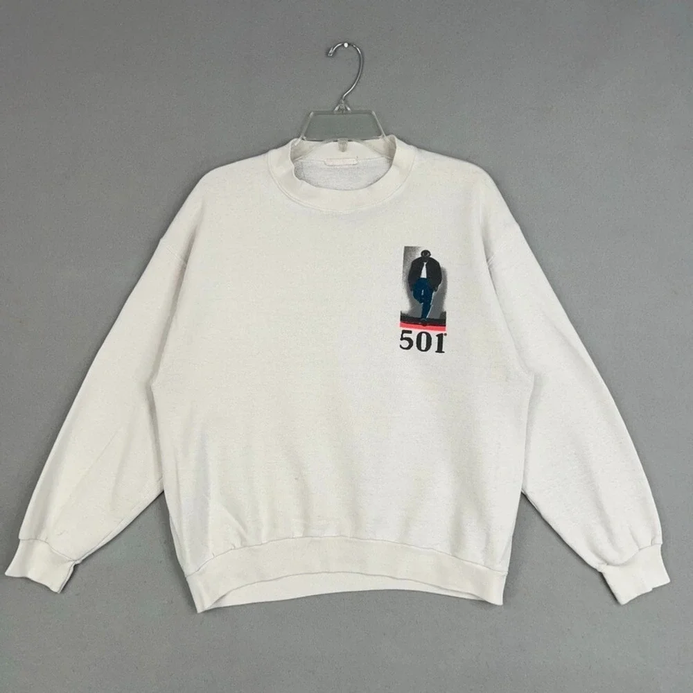 Vintage Levis Sweatshirt Mens Small White 501 Blues Pullover Double Sided 1988